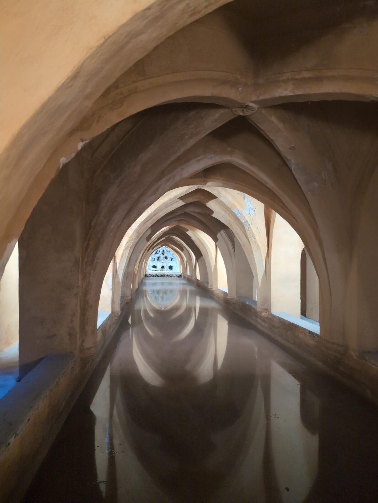 A long pool reflecting the vaulted arches above it at the Alcázar