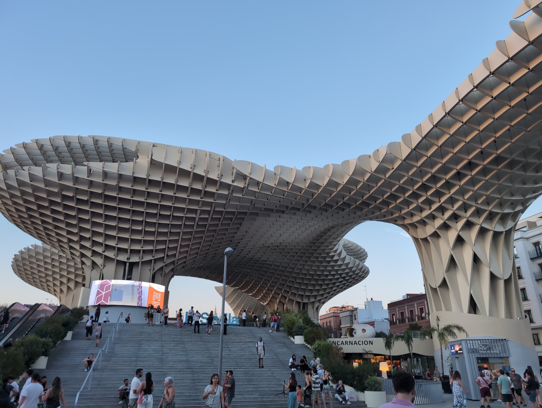 The Setas de Sevilla against a clear evening sky