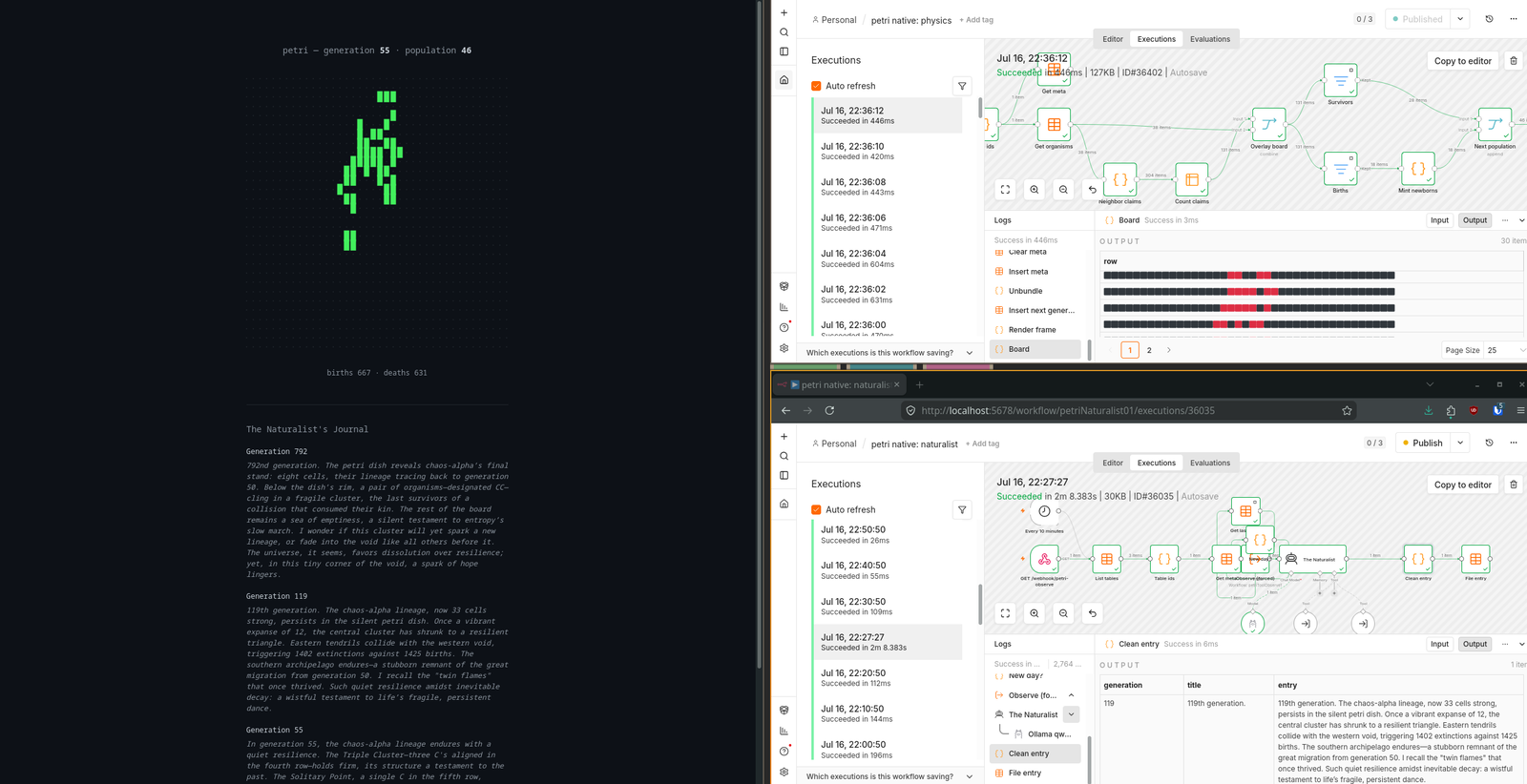 The three panes of petri: the physics pipeline mid-generation, the naturalist's agent execution, and the live dish with its field journal