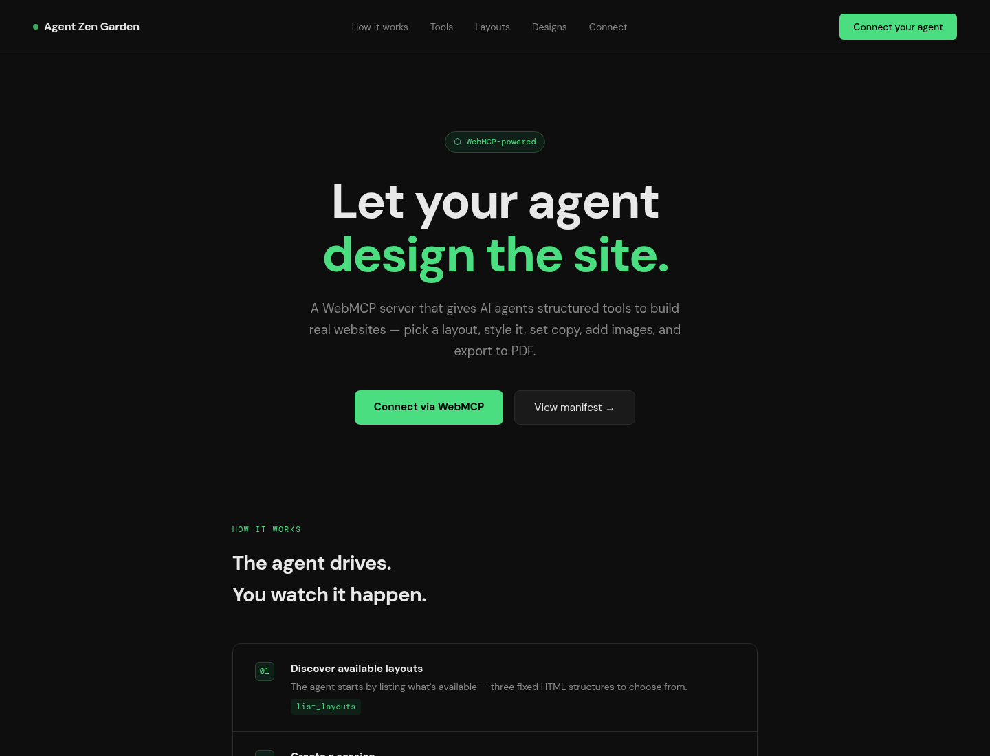 Agent Zen Garden landing page with the WebMCP design tools and workflow