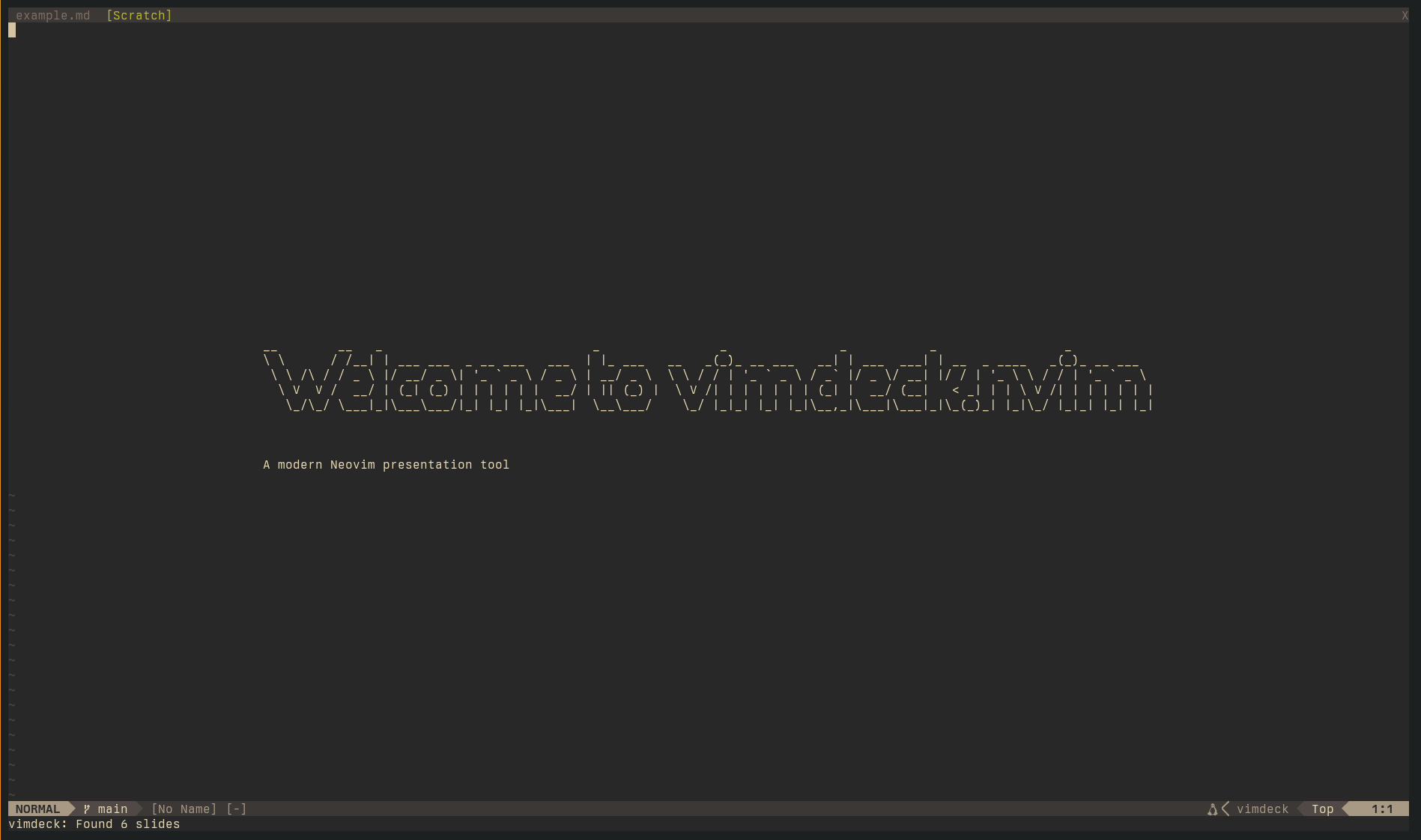 vimdeck presentation showing ASCII art header