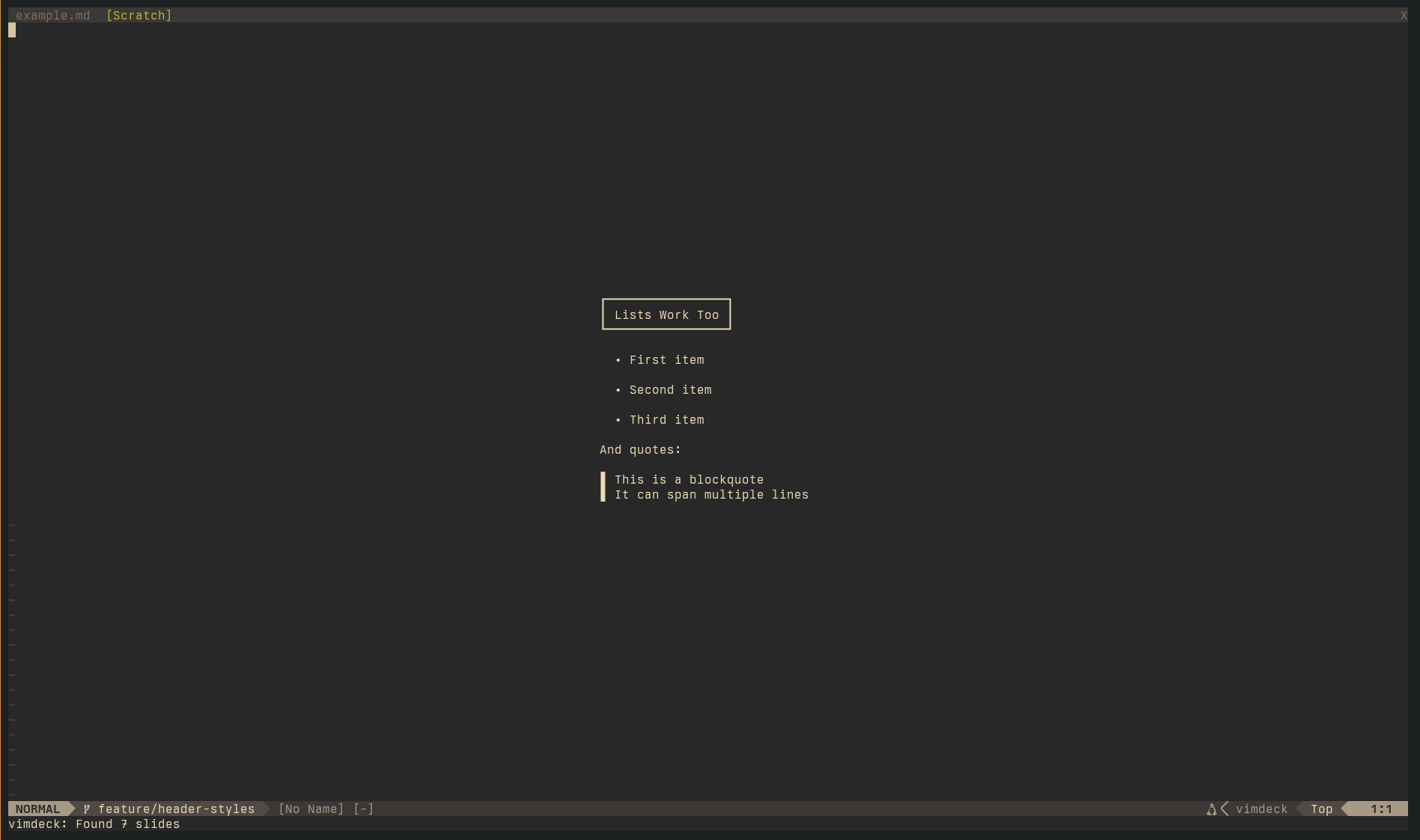 A neovim deck slide showing heading styling, lists, and blockquotes