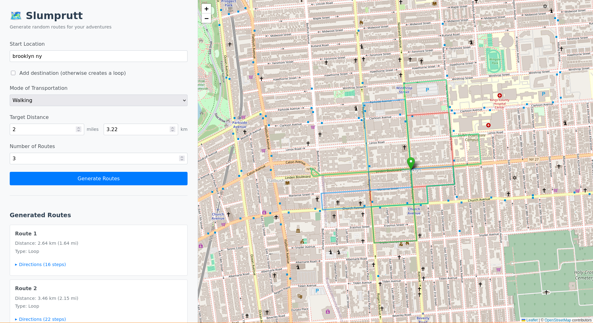 Generated routes displayed on map