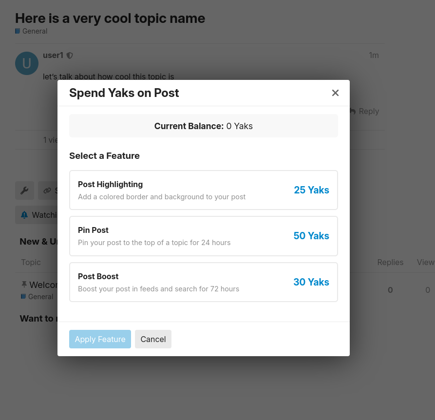 Spend Yaks modal showing available features