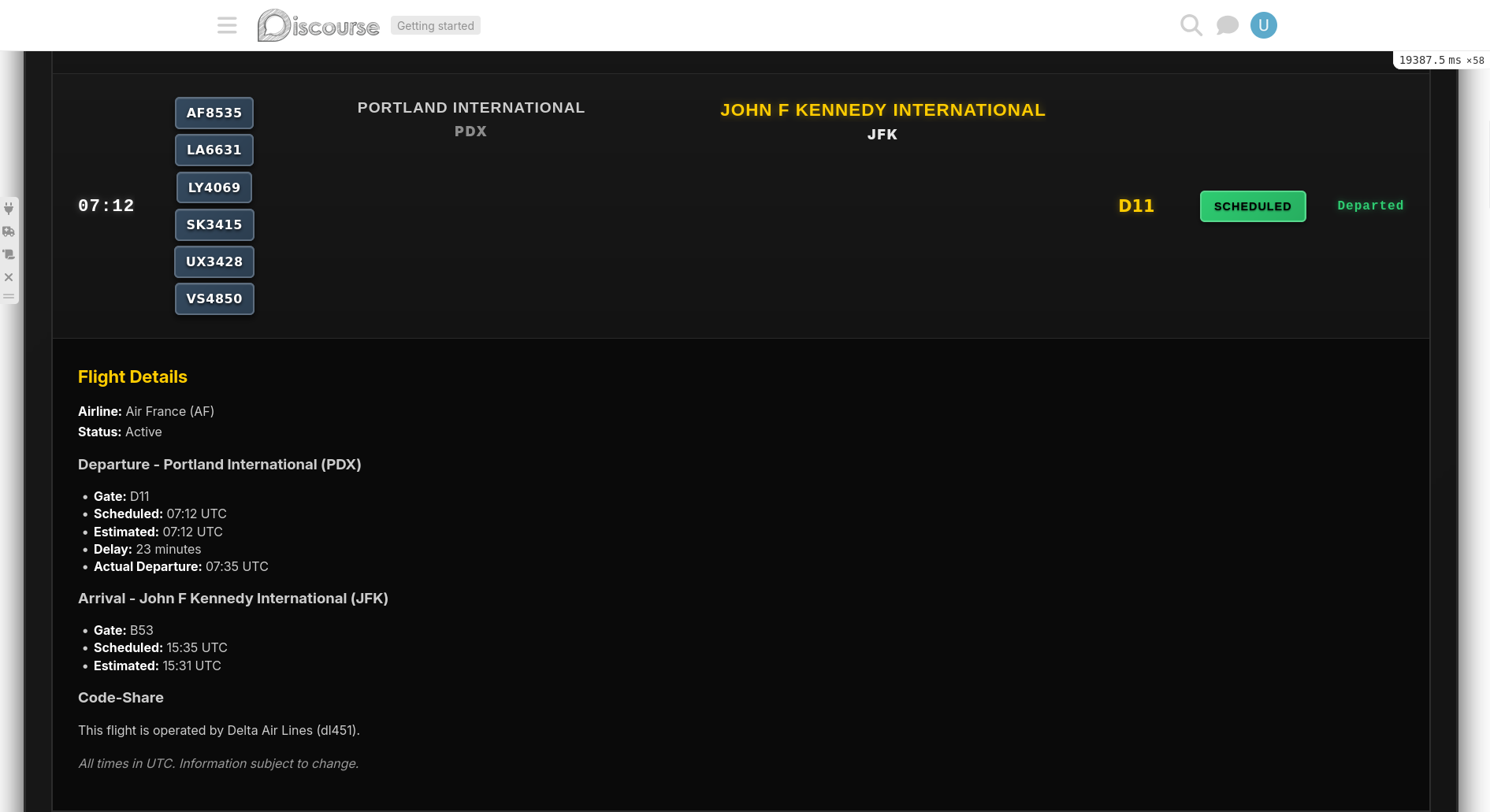 Expanded flight showing airline details, gates, terminals, and code-share information