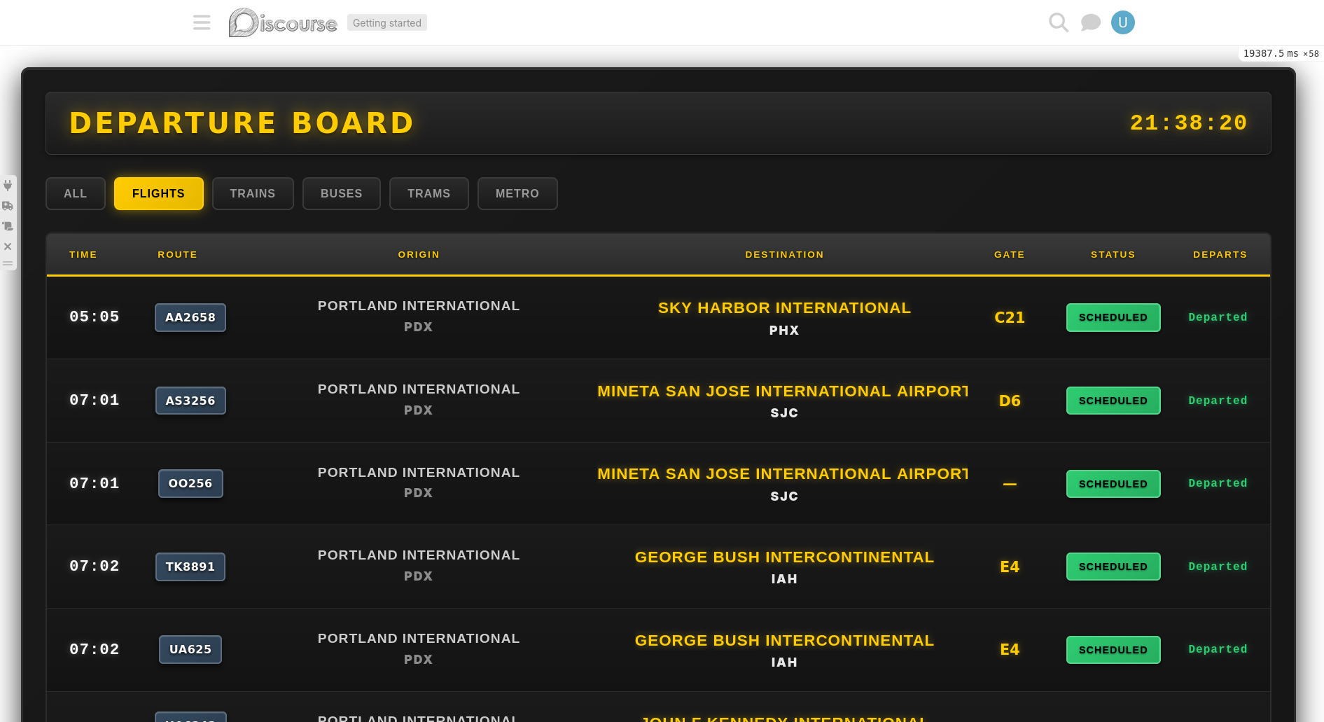 Flight departures board showing routes, gates, destinations, and countdowns
