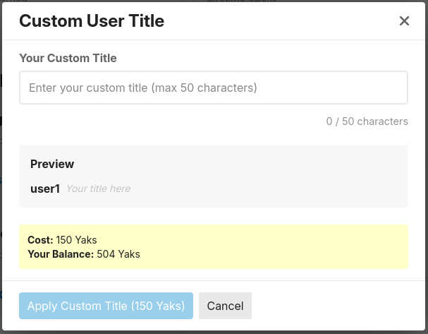 A modal showing user's options for creating a custom user title