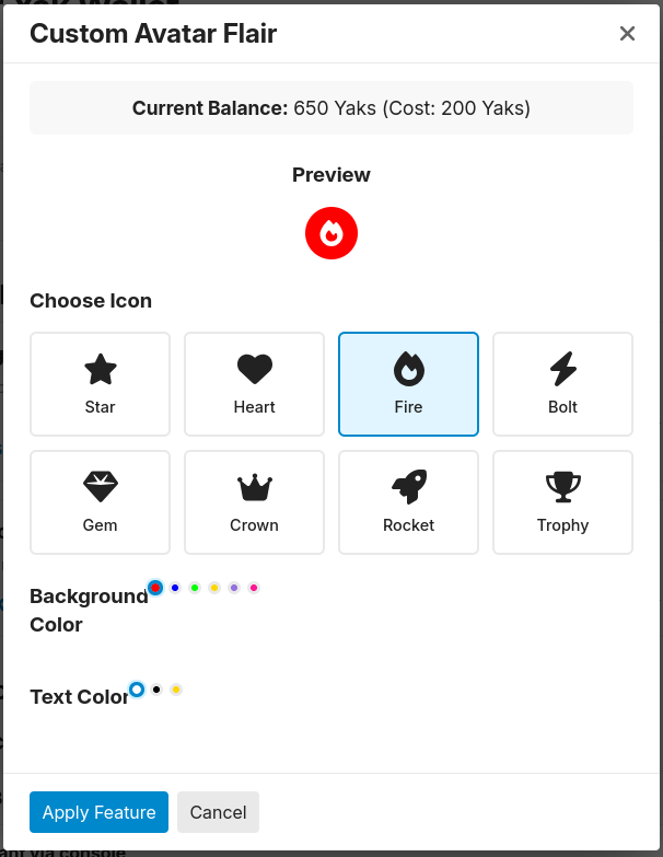 Custom avatar flair picker modal showing red fire being selected