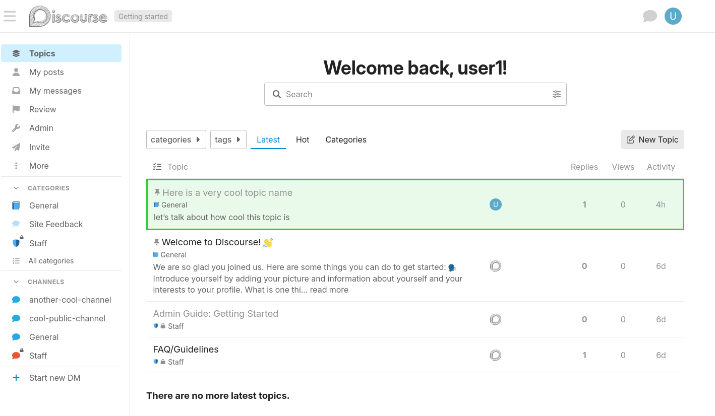 Topic boosting in action - a green-bordered topic stands out at the top of the topic list